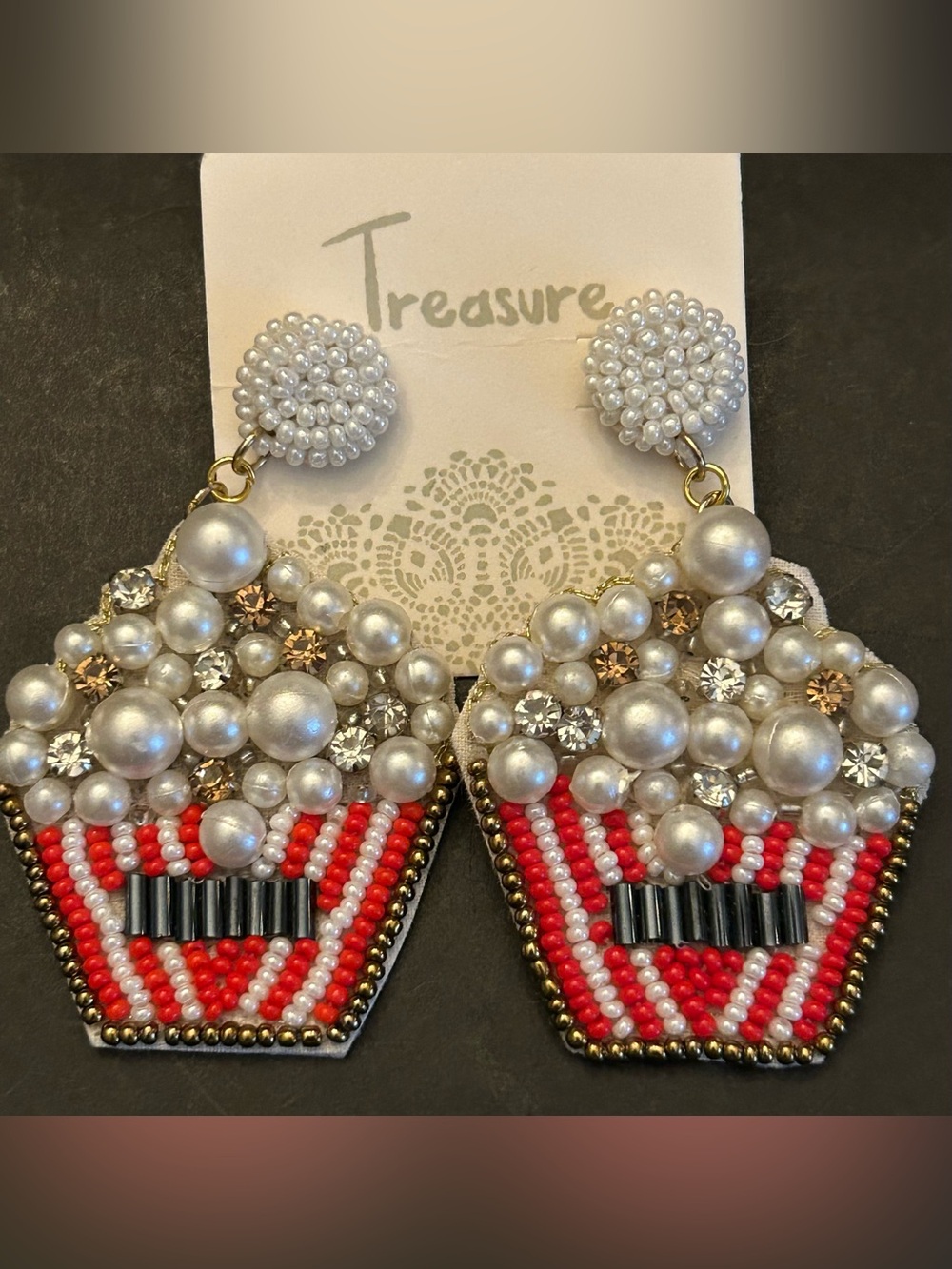 White & Red Hand Beaded Popcorn 🍿 Box Drop Stud Pierced Earrings